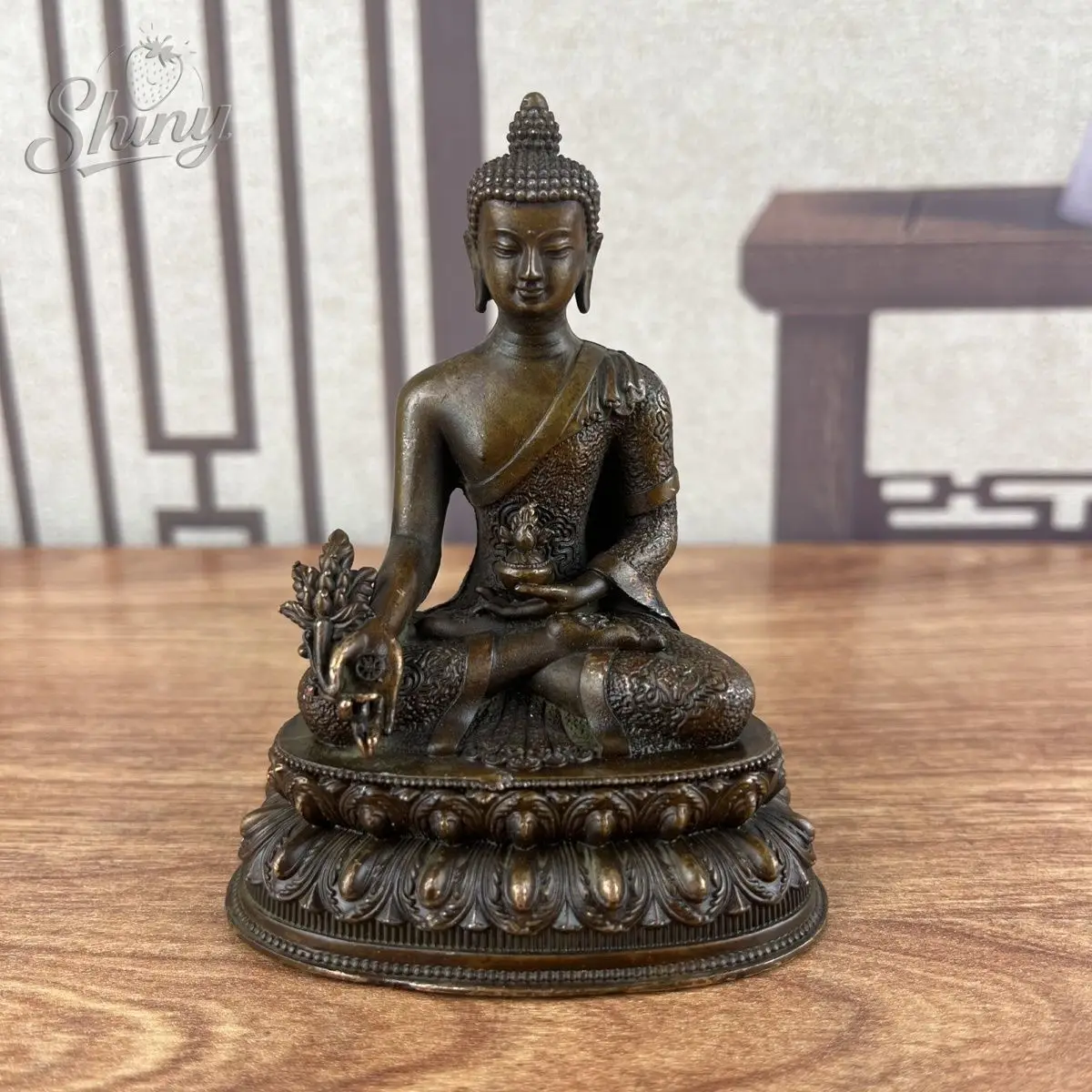 Antique Buddha Statue Chinese Tibet Bronze Carved Medicine Buddha Fengshui Religious Ornament