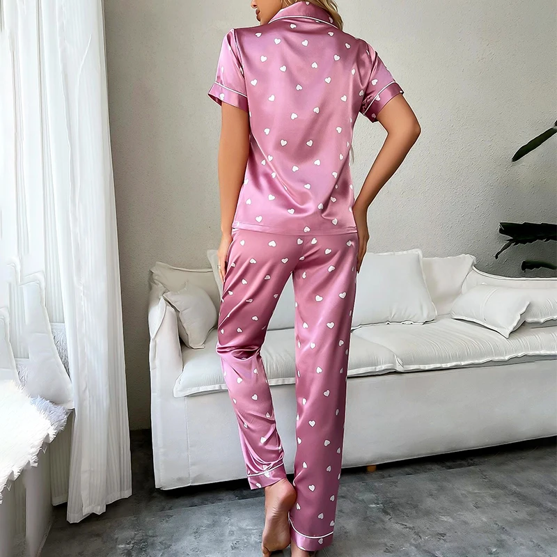 Women\'s Sleepwear Heart Print Satin Pajama Set Casual Short Sleeve Buttons Lapel Top & Pants Pajamas Soft Home Clothing Pyjamas