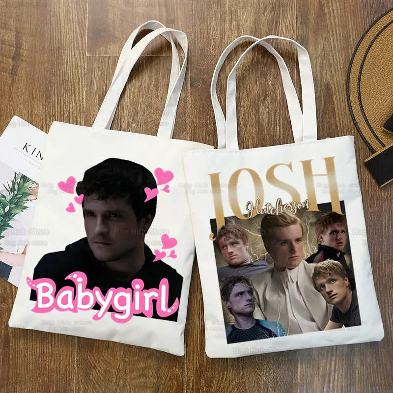 Josh Hutcherson Heart Bolsa de compras feminina de lona com alça Eco dobrável sacola reutilizável livro chave telefone sacola de compras