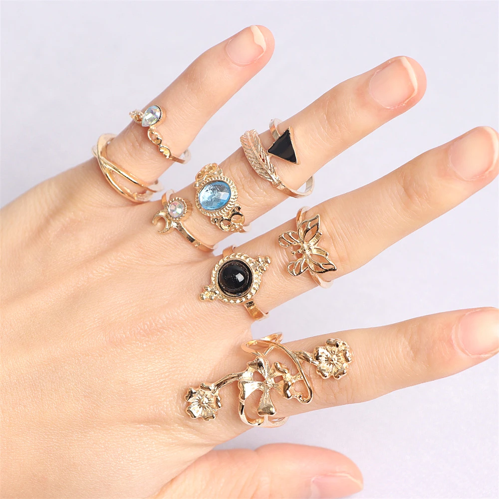 100Pcs/Lot Bohemia Elegant Vintage Mix Style Rhinestone Flower Geometry Finger Rings For Women Party Gift Jewelry Accessories