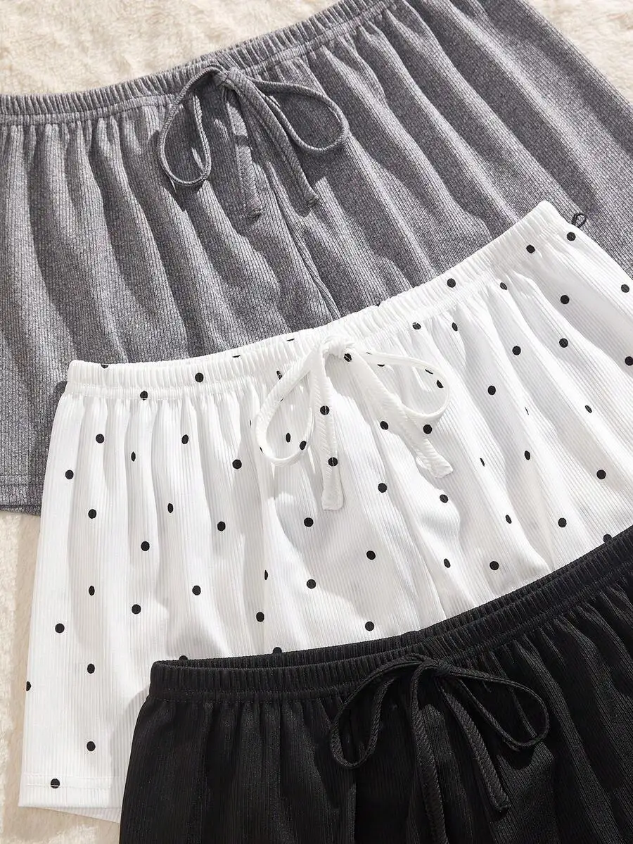 3pcs Women Ribbed Knitted Polka Dot Shorts Pajama Set Summer Sleepwear