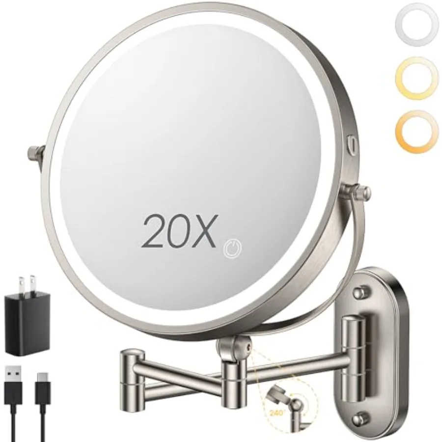 

9 Wall Mounted Lighted Makeup Mirror with 4000mAh Rechargeable Battery Double Sided 1X/20X Magnifying Mirror Touch Dimmable Lig