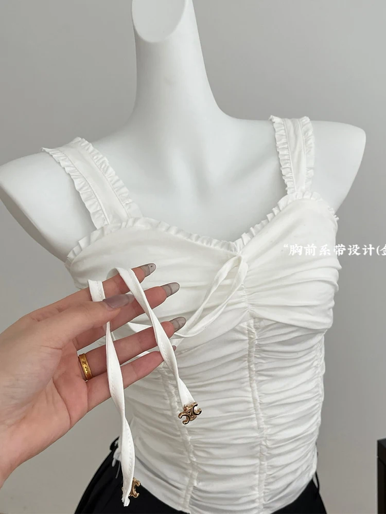 Summer Women Korean Cute Core Draped Camisole Mori Girl Crop Top Gyaru 2000s Aesthetic Hot Sexy Coquette Stylish Kpop Ballet Y2k