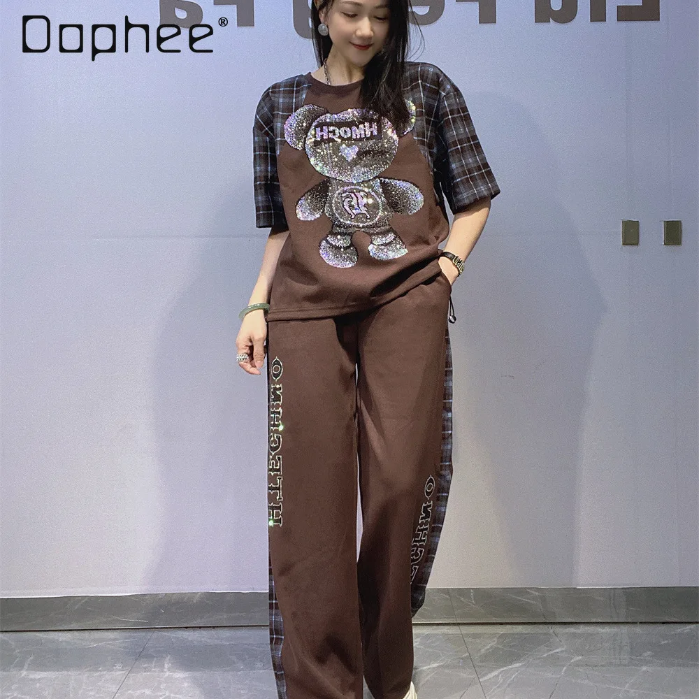 

Модный женский клетчатый лоскутный комплект со стразами, топ с короткими рукавами и брюки, летние повседневные длинные брюки, модный комплект из двух предметов
