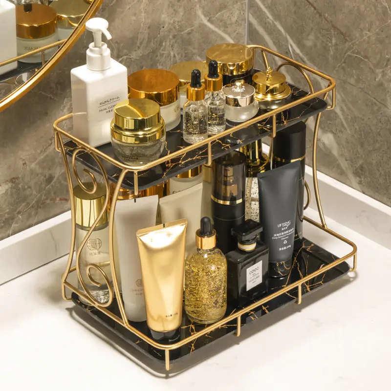 Marbled Glass Base Plate Metal Frame Toiletries Double Layer Storage Rack Dresser Cosmetic Storage Holder Toilet Washbasin Tray