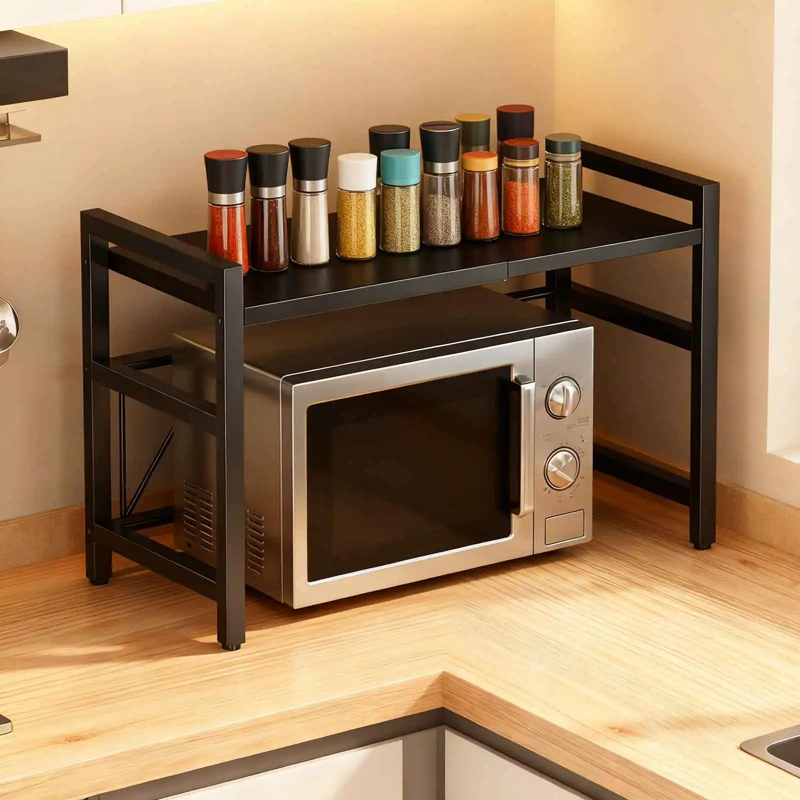 Supporto per microonde con telaio in acciaio rinforzato, ripiani regolabili, portata massima 30 kg, ideale per cucina e ufficio.