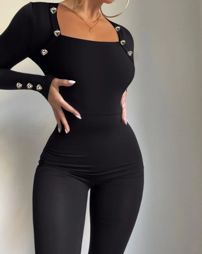 

Women's Jumpsuit Elegant Fashion Overall Solid Color Asymmetrical Neck Heart Shaped Button Decor Long Sleeve Skinny Jumpsuit