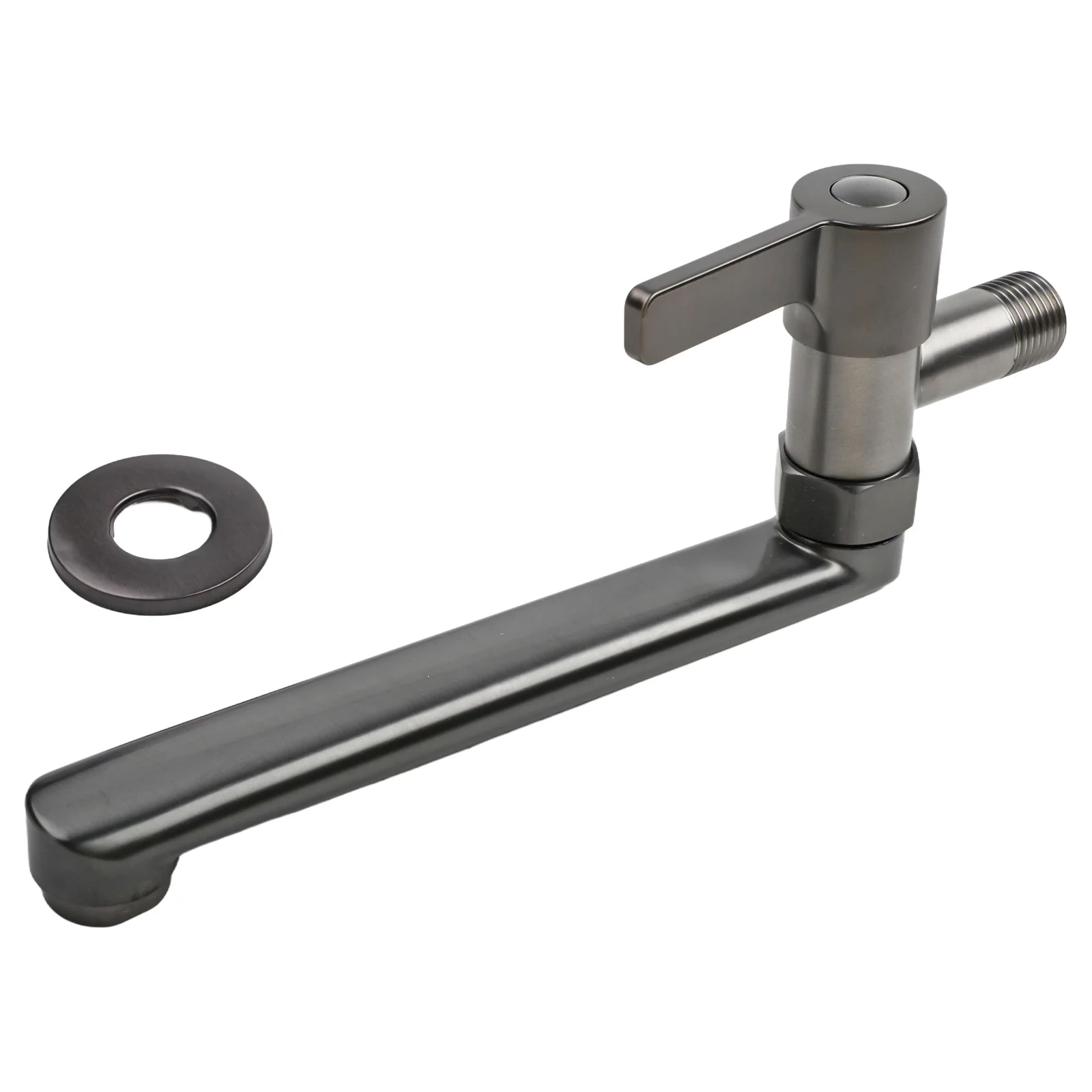 Extended length rotatable faucet for wall mounting in kitchen or pool area with single handle control and practical design