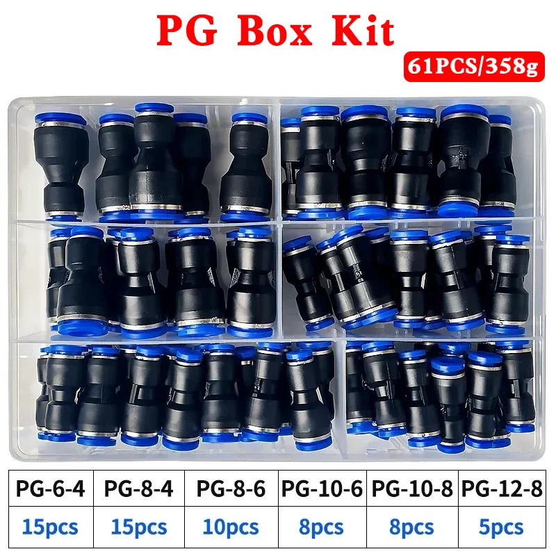 61PCs Boxed PG Pneumatic Connector Air Pipe 4mm 6mm 8mm 10mm 12mm PG8-6 PG10-8 PG6-4 PG8-4 PG10-6 PG12-6 PG12-8