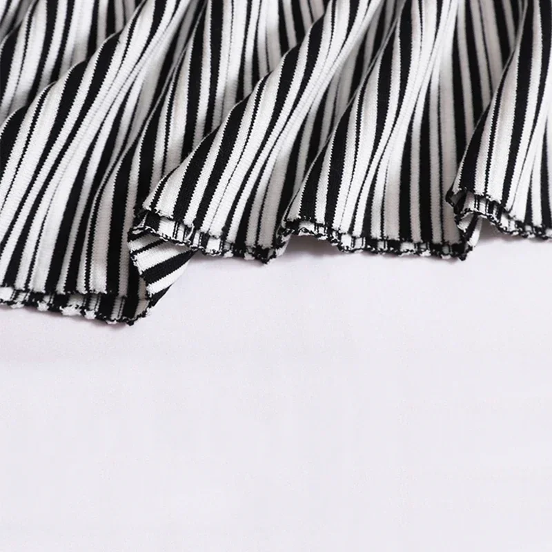 Women Summer New Vintage Black White Stripe V-neck Flower Tank Top Elastic Band High Waist Pleated Skirt Knit Two-piece Set 2024