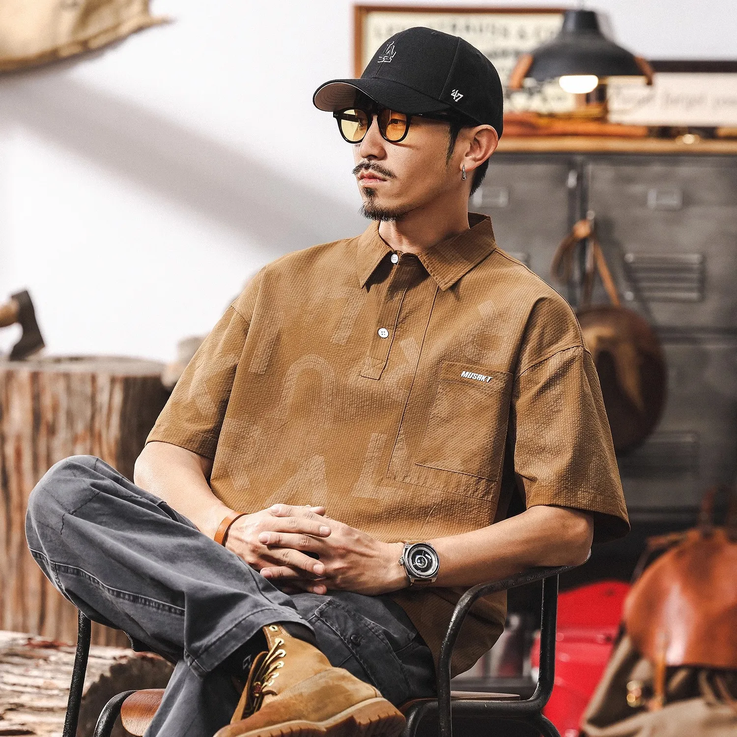 New summer men's fashion brand loose retro ice silk polo shirt casual short-sleeved T-shirt