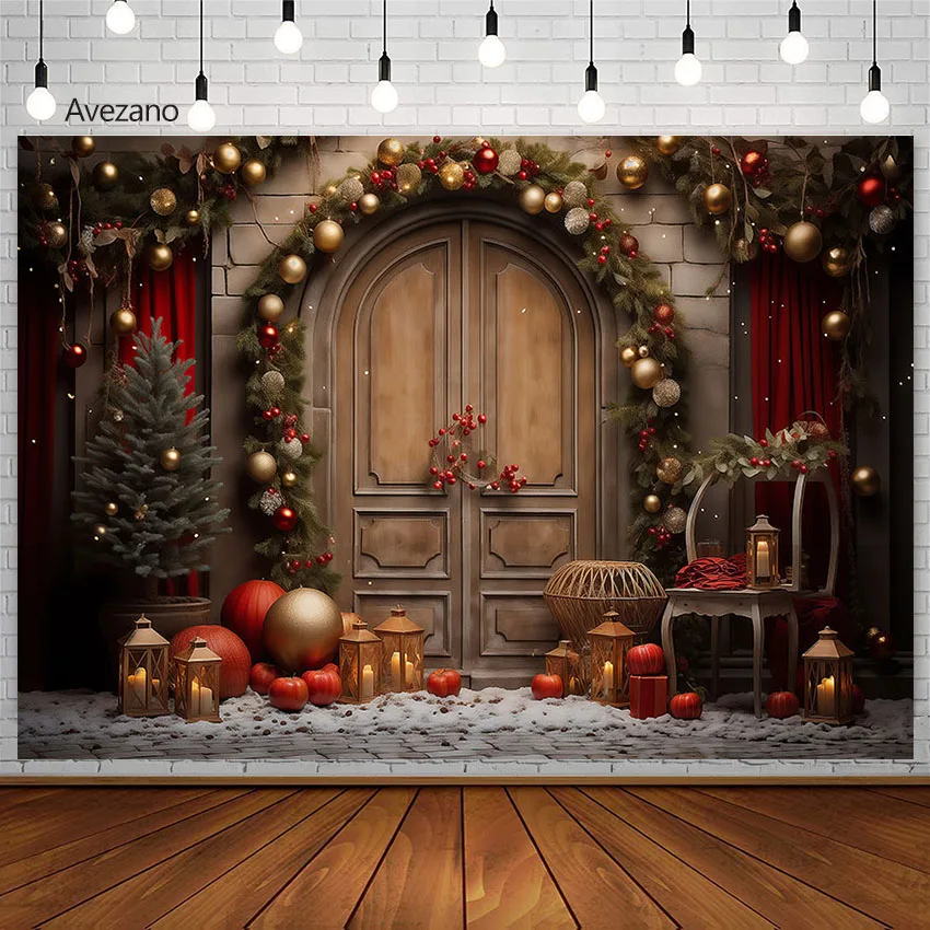 

Avezano Christmas Room Photography Backdrops Vintage Xmas Wreath Wooden Door Decoration Children Portrait Shooting Background