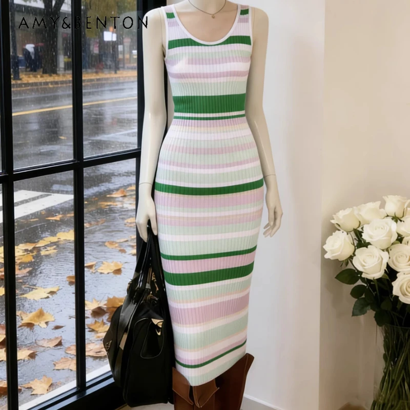

French Striped Sleeveless Knitted Women's Dress 2026 Spring Summer New Model Slimming Elegant Sophisticated Long Dresses Ladies
