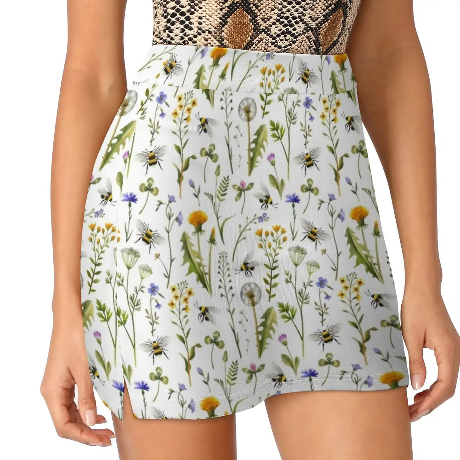 Bees And Wildflowers On White Women's skirt With Hide Pocket Tennis Skirt Golf Skirts Badminton Skirts Running skirts Bee