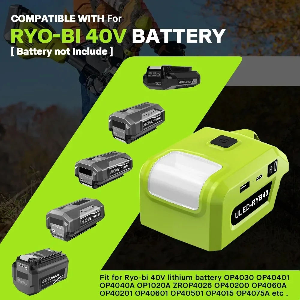 5W Battery Flashlight USB Charger Adapter with USB and Type-C Ports for Ryobi 40V Lithium Battery Supports Mobile Phone Charging
