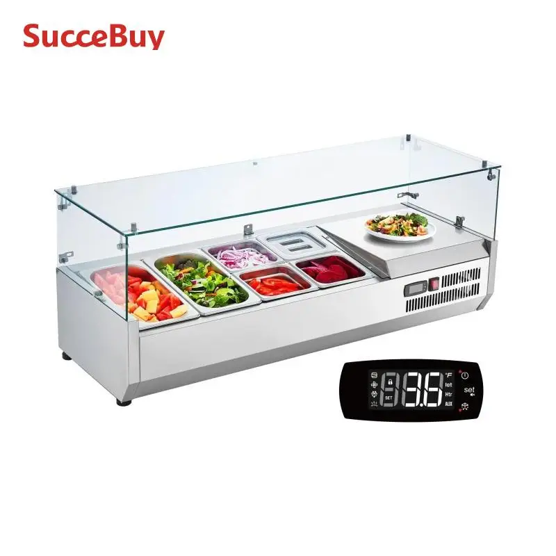 SucceBuy Kühl-Gewürzzubereitungsstation für die Arbeitsplatte, Gehäuse aus Edelstahl 304, PC-Deckel, Sandwich-Zubereitungstisch mit Glasschutz