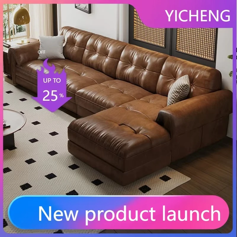 Hys genuine leather sofa - straight row chaise lounge - elephant ear sofa for living room