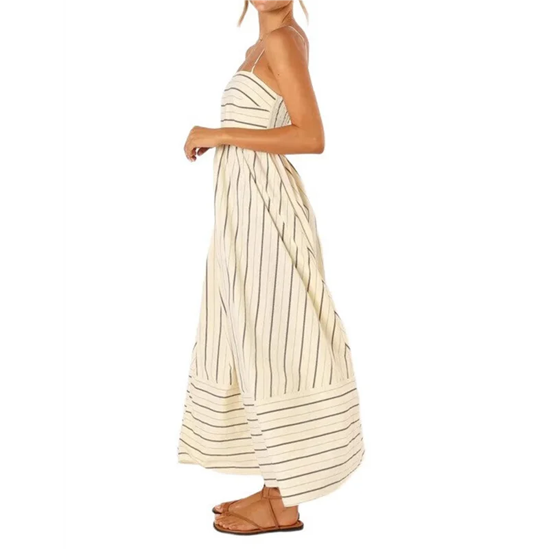 ใหม่-ผู้หญิงลายกลับ Smocked Maxi ชุดสปาเก็ตตี้ตัด Flowy Swing ชุดยาว