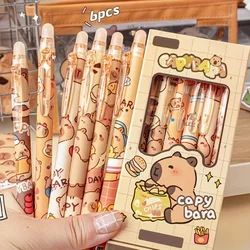 Stylos à gel effaçables Capybara mignons, 6 pièces | Encre bleue rétractable de 0,5 mm pour l'école et le bureau | Écriture fluide et séchage rapide (6 couleurs)
