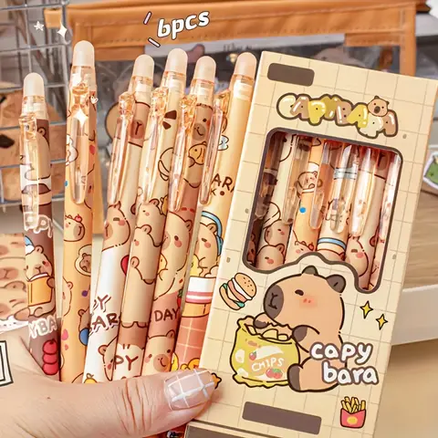 6pcs Cute Capybara Erasable Gel Pens | 0.5mm Retractable Blue Ink for School & Office | Smooth Writing & Quick-Drying (6 Colors)