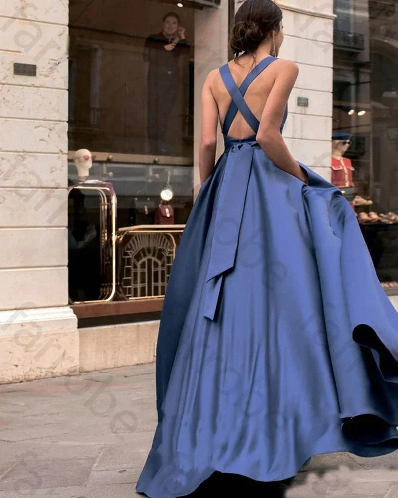 Customized Elegant Blue Long Evening Dresses Square Neck With Belt Criss-Cross Straps Satin A-Line Formal Prom Gowns For Women