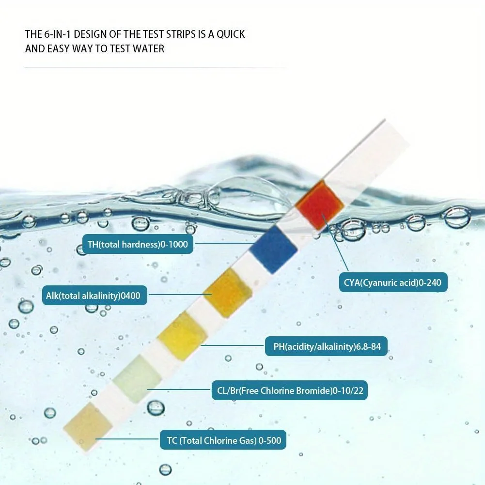 50/100 Stück 3/6/7-in-1 Schwimmbad-pH-Teststreifen Mehrzweck-Chlor-Brom-Teststreifen für Aquarien Wasserqualitätstester – Detail 6