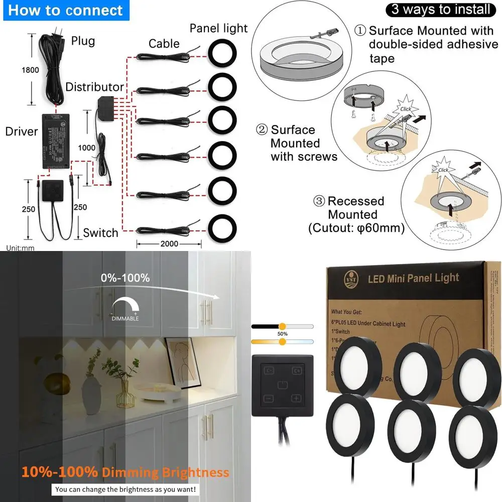

Under Cabinet Lights CCT 3000K-6000K, Puck Lights Color Temperature and Brightness Adjustable with Touch Switch and ETL Listed L