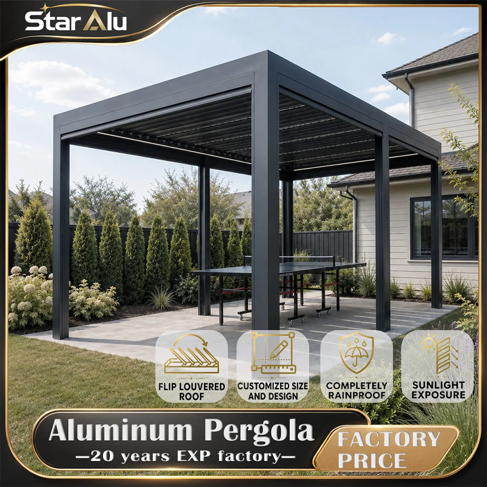 Bioclimatic 6063 T5 Aluminum Heavy Duty Windproof Motorized Louvered Pergola Remote Control LED Light Waterproof Electric Gazebo