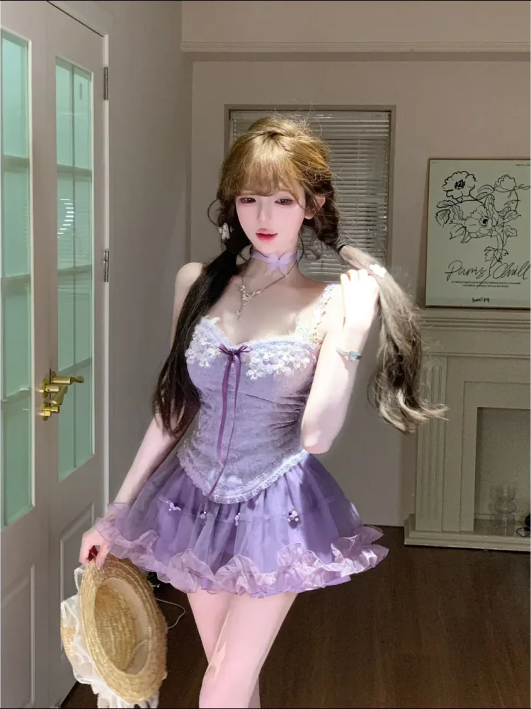 Design Summer Sweet Slim 2-piece Set Women Vintage Chic Off Shoulder Bow Sling Tops Female + Elastic Waist Short Skirt Outfits