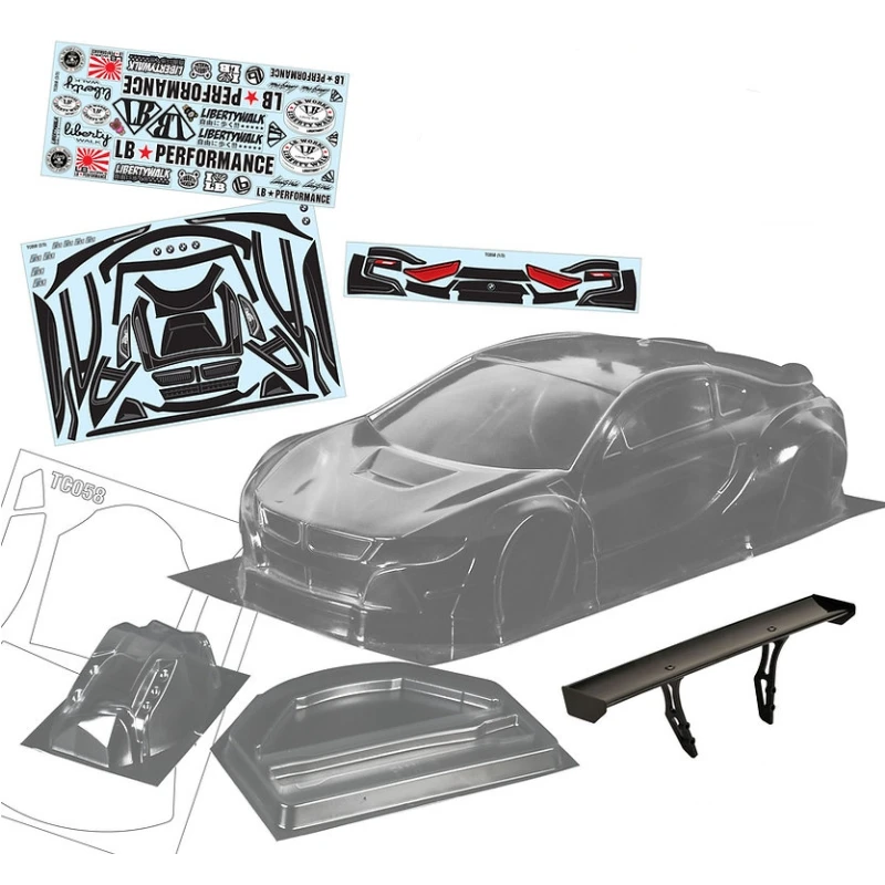 

Scale 1/10 LB Works BMWW i8 Clear Body shell W/Rear spoiler + Light Buckle & Mirrors for RC Drift car Racing Tamiya tt02 tt01