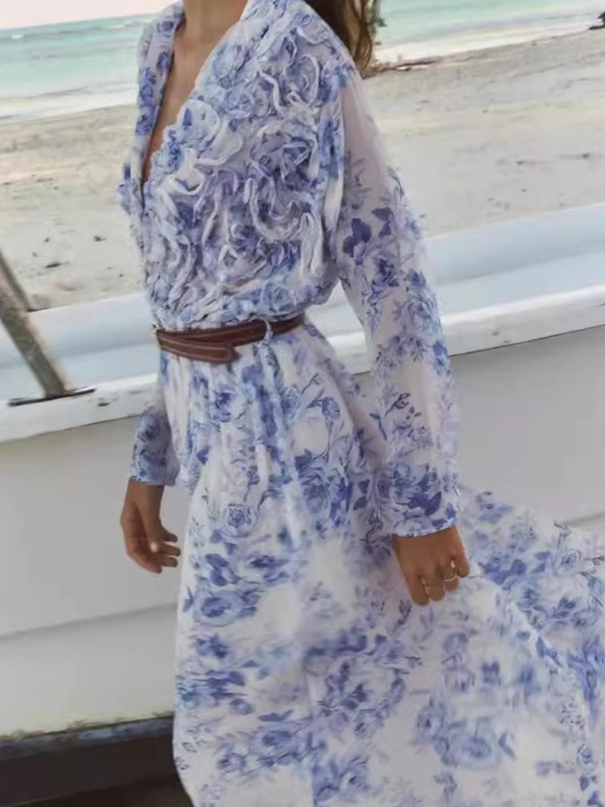 Frühling New Faion Damen Dr Belted Layered Decorative Print Street Sle Long Sve V-Ne Anderes Material Einzelstück