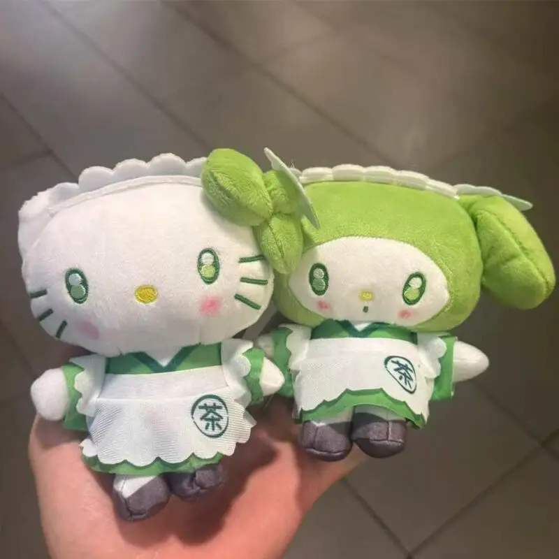 Sanrio Fresh Green Matcha Maid Hello Kitty Plush Toy Small Pendant Melody Cartoon Backpack Zipper Pendant Cute Keychain Gifts
