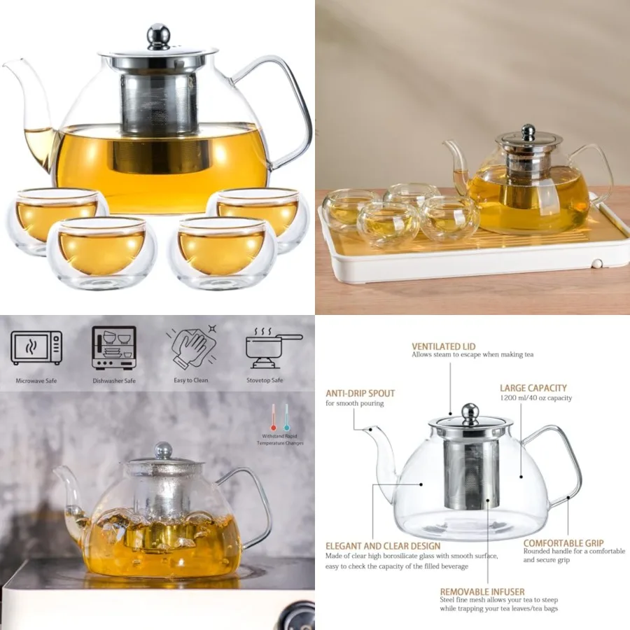 

1200ml/0 oz Double Wall Tea and Removable Stainless Steel Infuser, Tea Sets for Adults, Clear Tea Kettle Stovetop Safe for Loos
