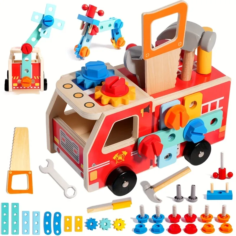 Set Holz Feuerwehrauto Mutter Auto Kombination Schraube Demontage Montage Rollenspielzeug Spielzeug Junge Lerngeschenk für Kinder ab 3 Jahren