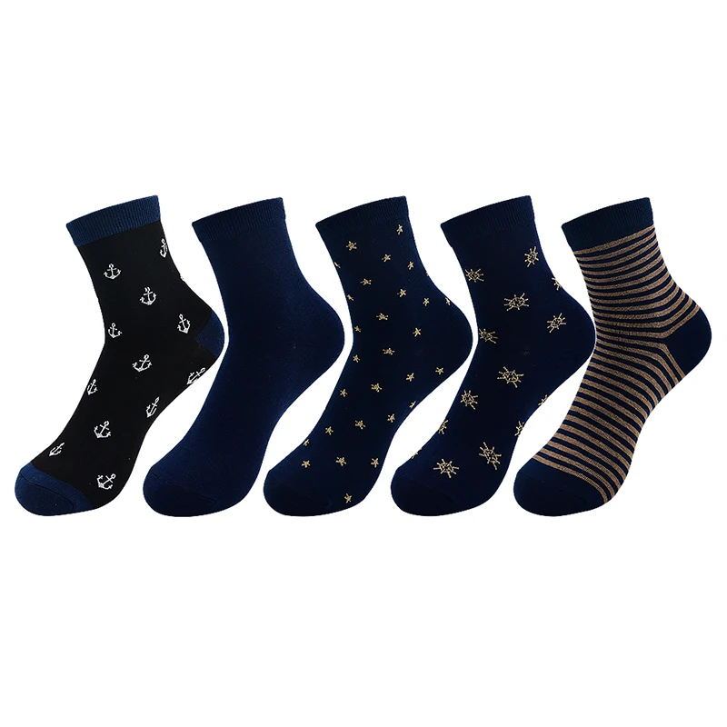

5 Pairs Men Socks Navy Colors Spring Autumn Solid Stripe Anchor Star Rudder Cotton Socks Business Casual Sport Sokken Dropship