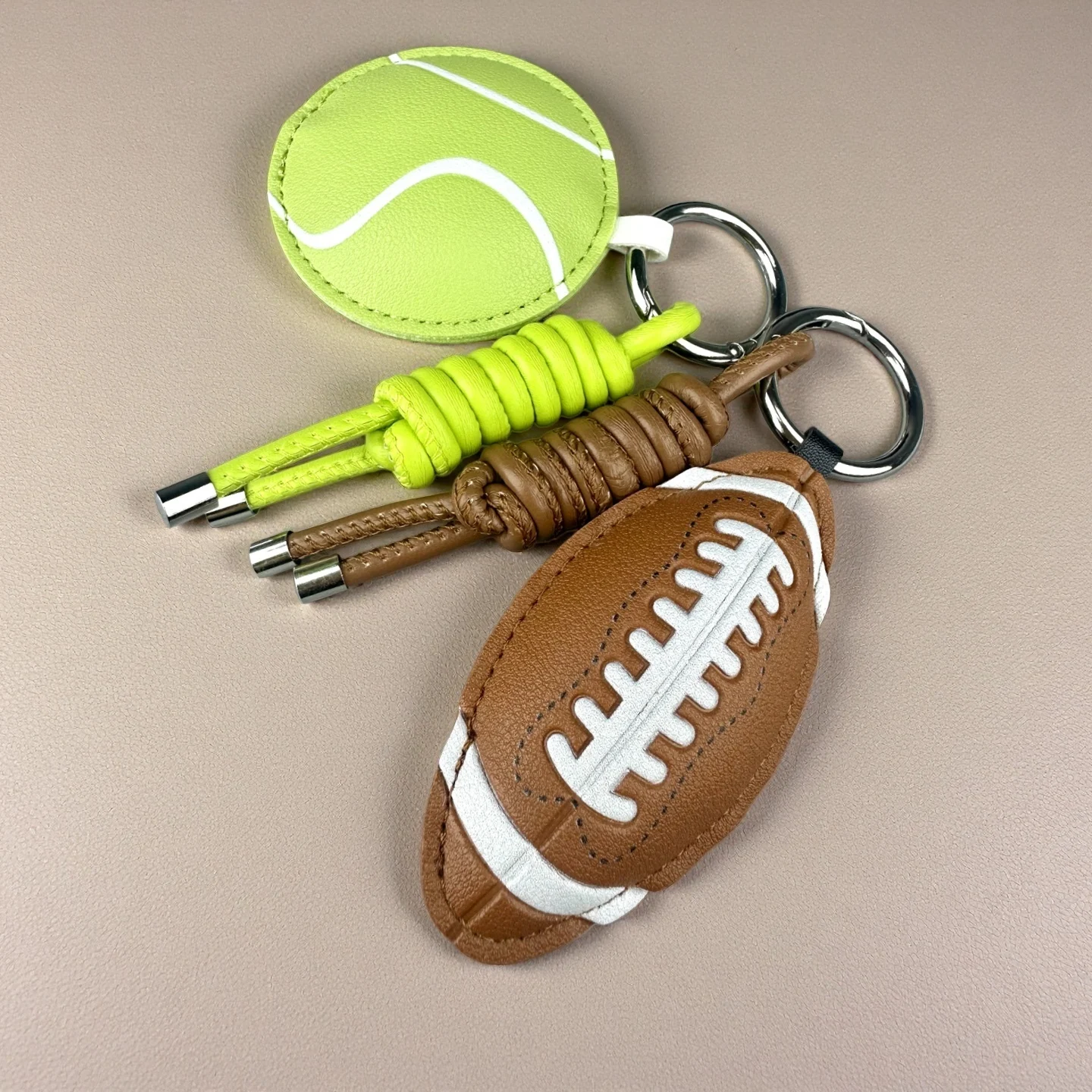 PU Leather Sports Ball Keychain Set-Rugby, Tennis & Baseball Pendants, Street Boho Style Gift For Sport Lovers,Perfect Bag Decor