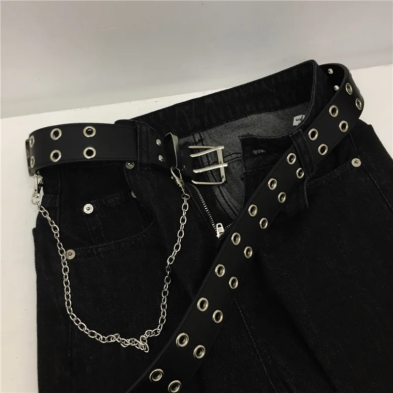 이불 Hip Hop Chain Tassel Belts Punk Studded Pin Buckle PU Belt Y2K Unisex Black Casual PU Jeans Pants Belt For Women Men