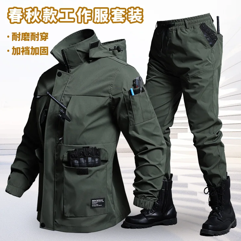Unisex Tactical Work Suit Spring Autumn Wear Resistant Multi Pocket Jacket Pants Set For Welding Auto Repair Cycling Training