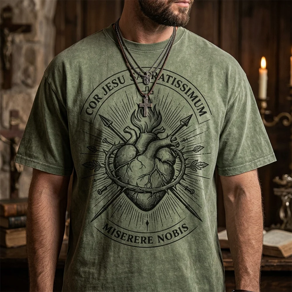 Men Sacred Heart Graphic T Shirt Vintage Washed Short Sleeve Casual Streetwear Religious Gothic Cross Print Summer Tee Top