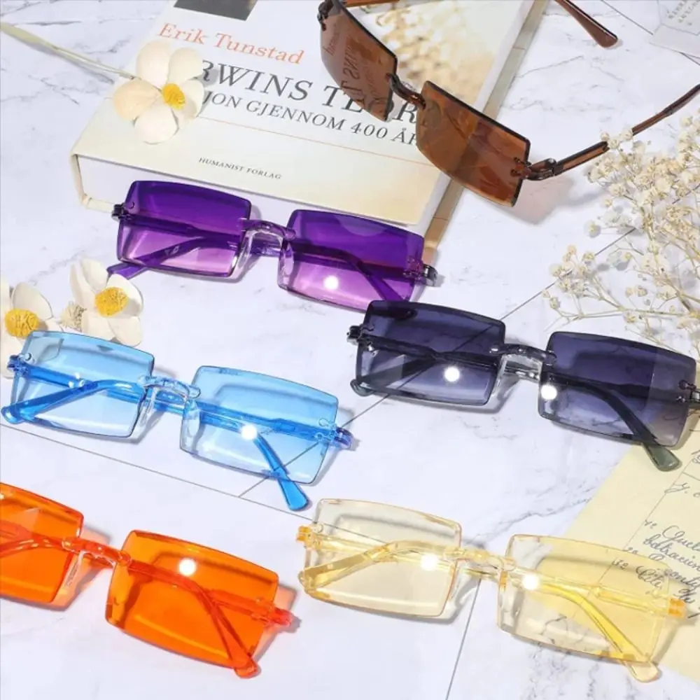 Trendy UV Protection Rimless Rectangle Sunglasses Plastics Gradient Shades Eyewear for Women & Men