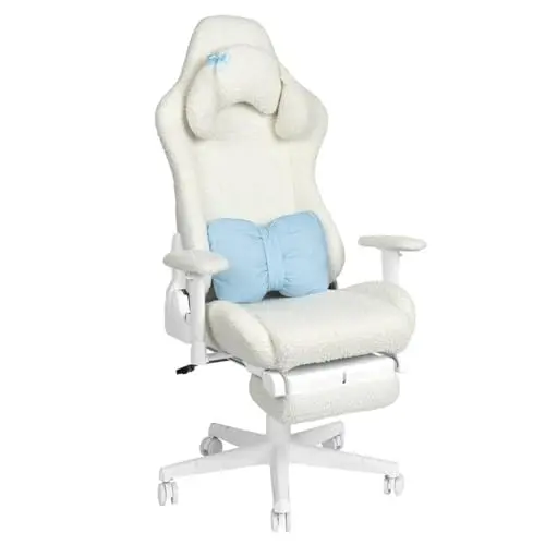 Contemporary Gaming Chair, Fluffy White Bouclé Fabric, Bunny-Ear Magnetic Headrest, Blue Bow Pillow, Adjustable