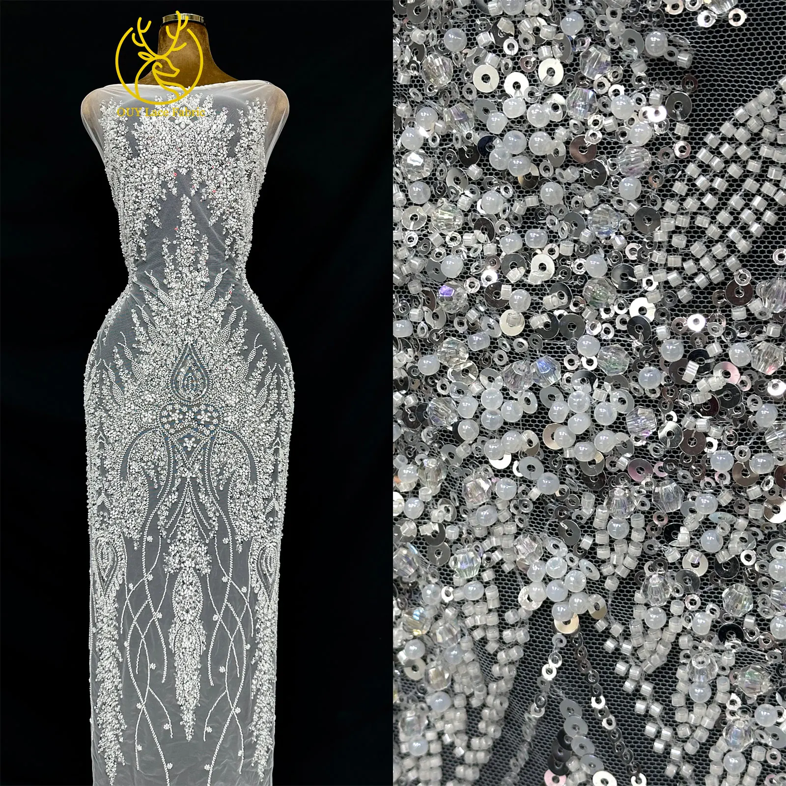 Neues Design Afrikanischer Bräutigam Stickerei-Perlen-Spitzenstoff Hochwertiger Französischer Pailletten-Netzstoff Nigerianisches Damen-Abendkleid – Detail 4