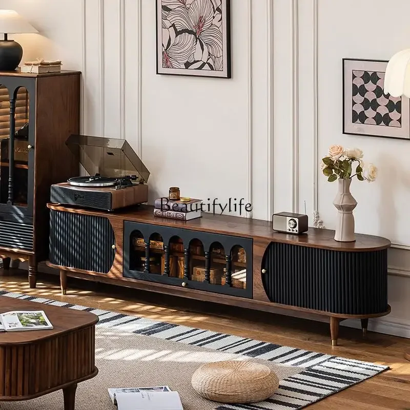 

*French retro black walnut double color TV cabinet medium and ancient style living room integrated cabinet