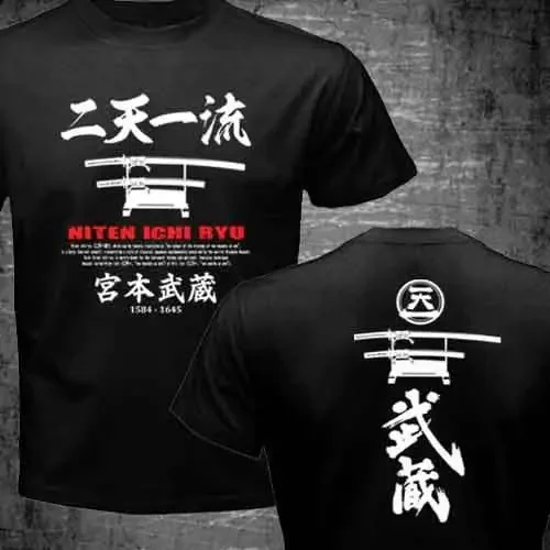 New Short Sleeve Men Japanese Design Miyamoto Musashi Samurai Kendo School Niten Ichi Ryu T-shirt 100 % Cotton Tee For Men