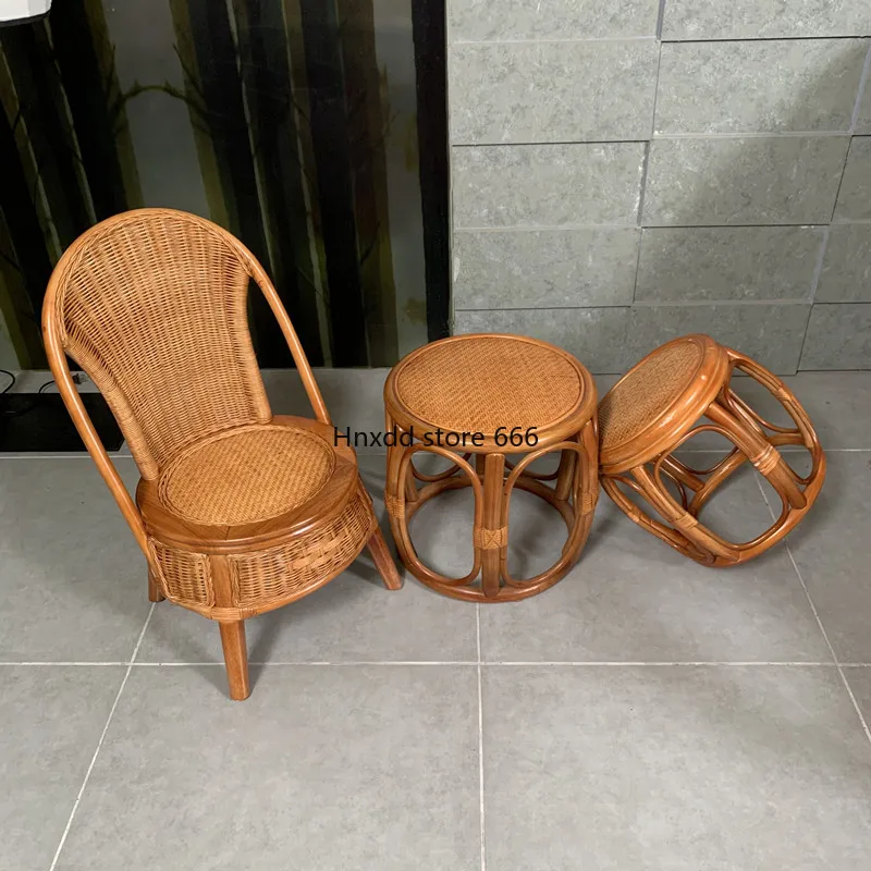 Rattan solid wood makeup low drum stool living room coffee table sofa round handmade straw living room stool