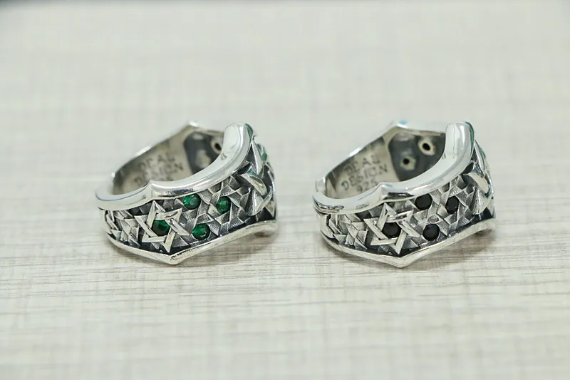 Wide face 925 silver ring, trendy male personality, Japanese and Korean six pointed star open ring, cross live mouth Thai silver