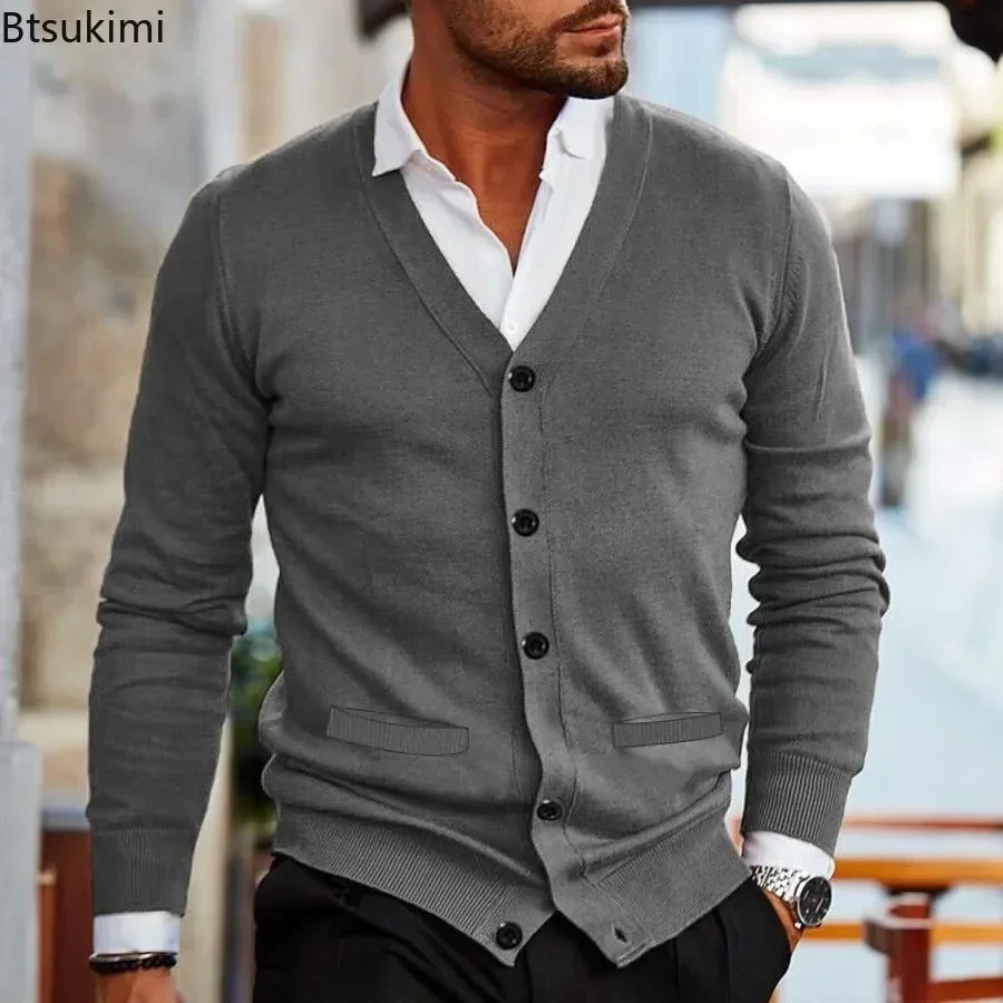 2025 suéteres de punto lisos para hombre Otoño Invierno manga larga cuello en V chaqueta cárdigan abotonada hombre de negocios Casual suéter ajustado abrigos