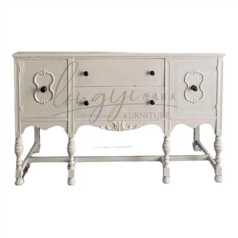 LMM Vintage White Carved Vintage Locker Cream Style American Shelf