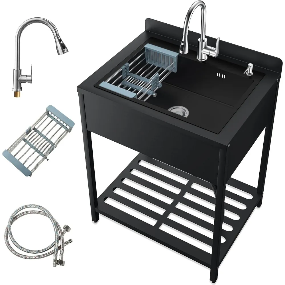 

33inch Stainless Steel Freestanding Utility Sink with Cold and Hot Water Faucet, Commercial Kitchen outdoor Sink with Hoses and