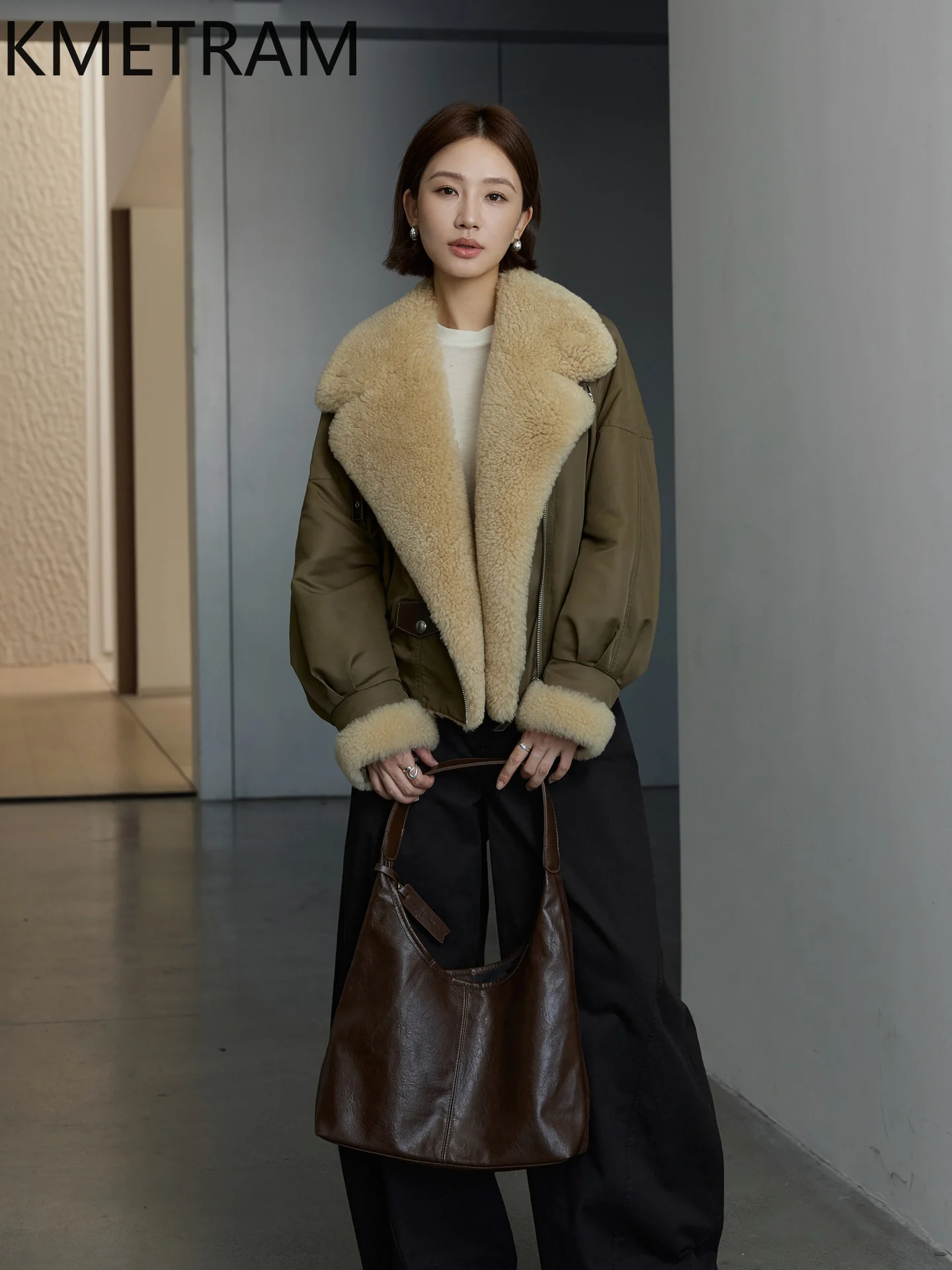KMETRAM Piumino di pelliccia d'oca bianca Donna Colletto di lana Cappotti invernali Abbigliamento donna Piumini corti verde militare 2025 шуба